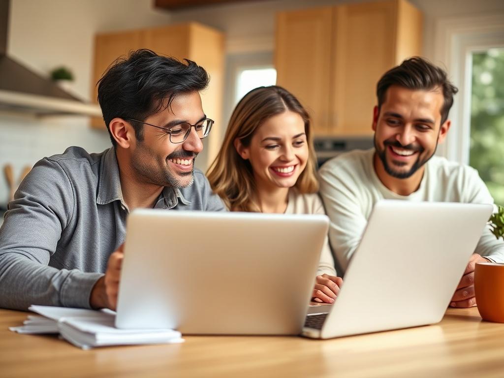 A close-up shot of a family sitting at a kitchen table, looking relieved and happy while managing their bills on a laptop. The background shows a bright, inviting kitchen environment with natural light coming through the window. The focus is on the expressions of the family members, capturing their sense of security and empowerment.