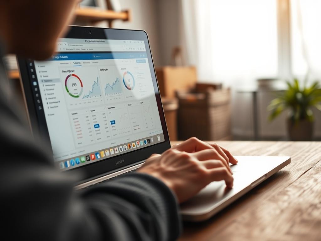 A close-up shot of a person working on a laptop, with keyword research tools and analytics displayed on the screen. The background should depict a cozy workspace, emphasizing focus and productivity. The image should convey a sense of innovation and strategy in digital marketing.