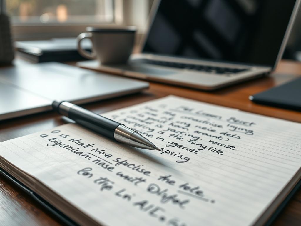 A close-up shot of a notepad with handwritten notes and a pen, set on a desk with a laptop in the background. The scene should convey a creative and thoughtful environment, focusing on the process of writing engaging content. Soft natural light should illuminate the desk.