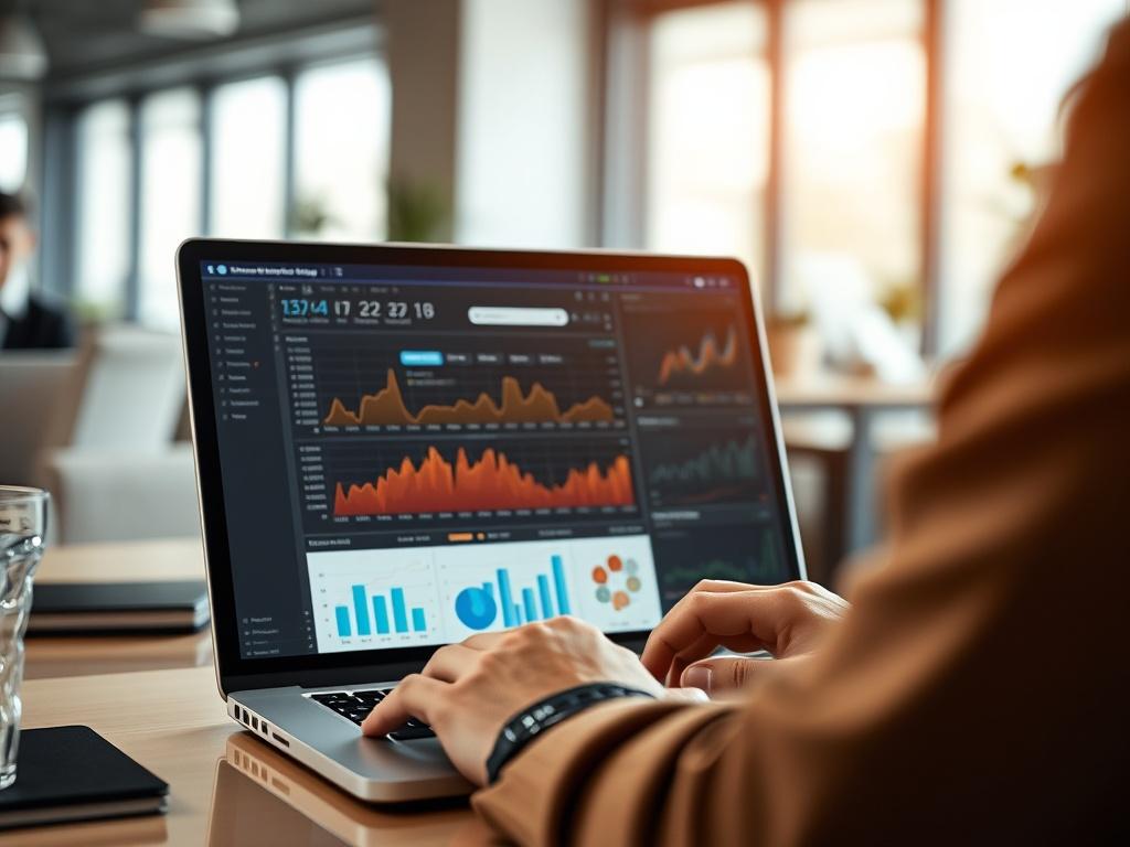 A close-up shot of a person analyzing website data on a laptop, showcasing graphs and metrics on the screen. The background should be a modern office environment with soft lighting, creating a professional atmosphere. The focus should be on the screen, highlighting the data analysis process.