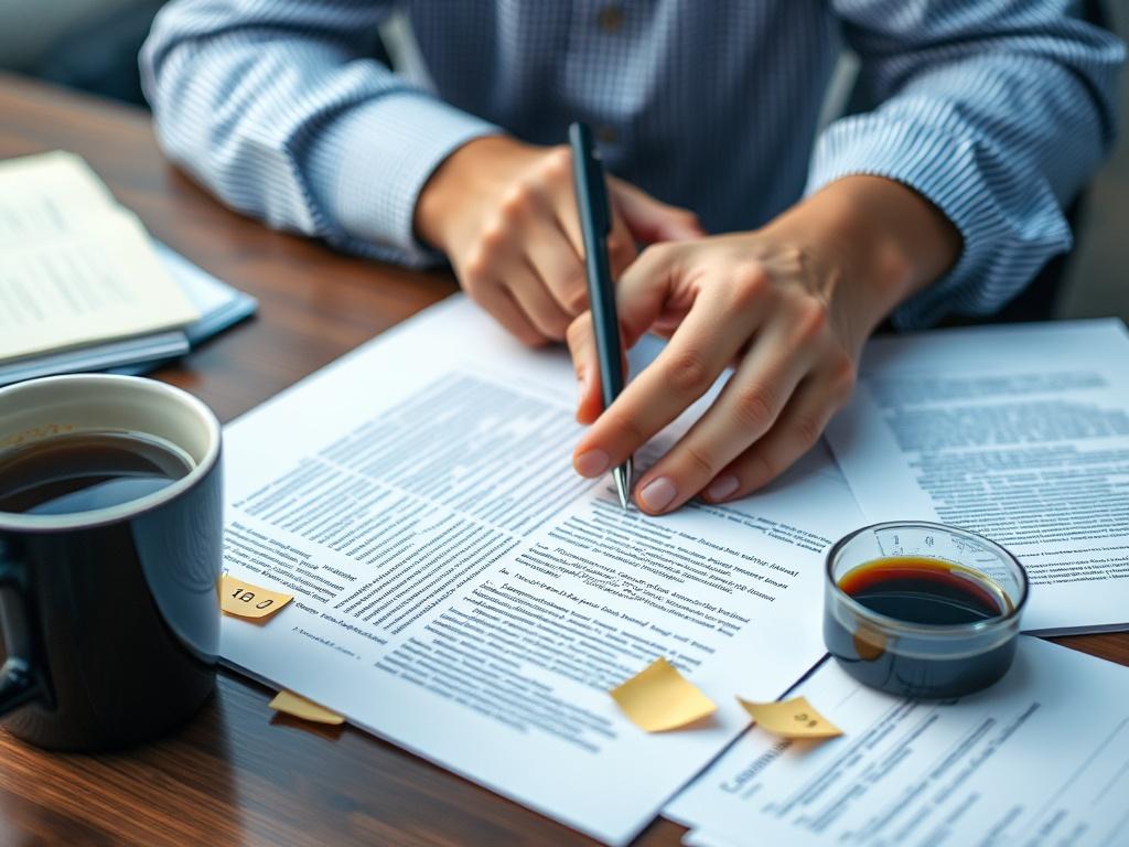 A close-up shot of a professional editor working on a document, surrounded by notes and a cup of coffee. The focus is on the editor's hands as they make revisions.