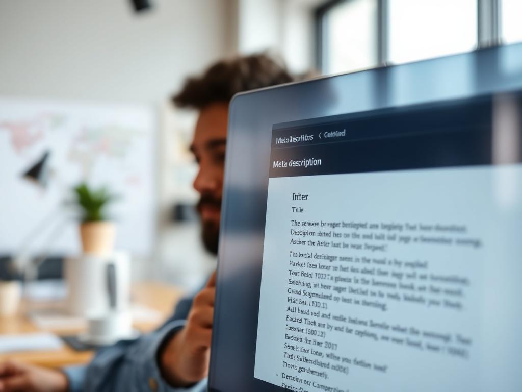A close-up shot of a digital marketing professional analyzing a webpage's meta description in a text editor. The background is slightly blurred to keep the focus on the screen, with a modern office setup in view.