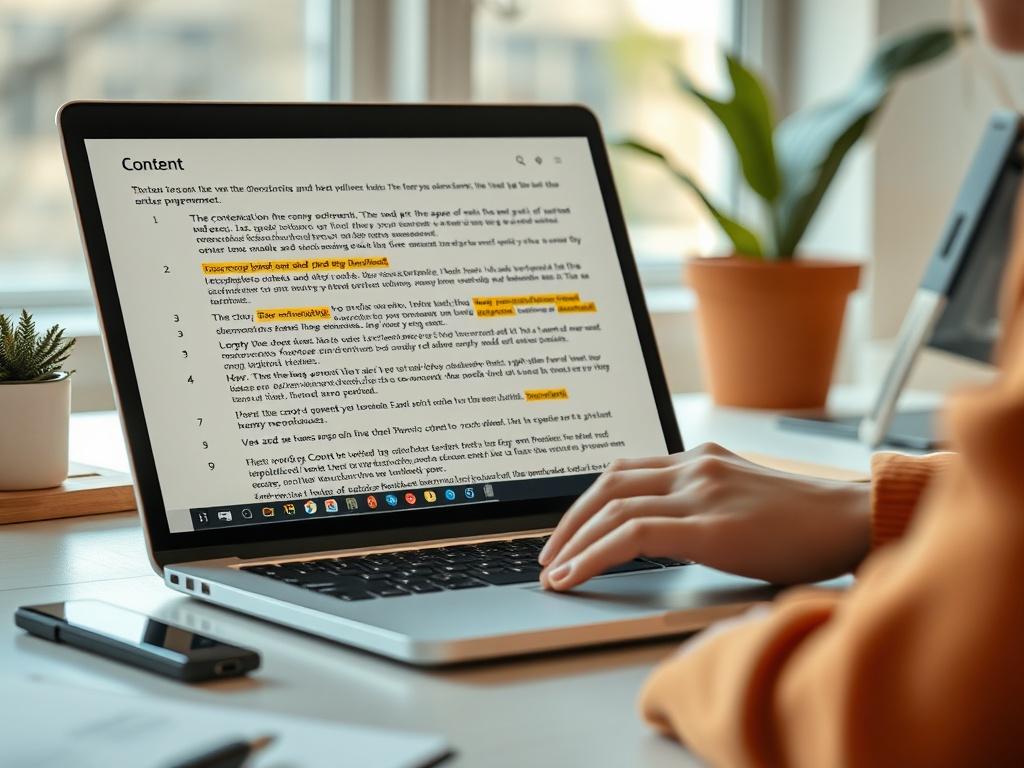 A close-up shot of a content writer reviewing website text on a laptop with highlighted keywords. The environment is a bright workspace, with natural light illuminating the screen.