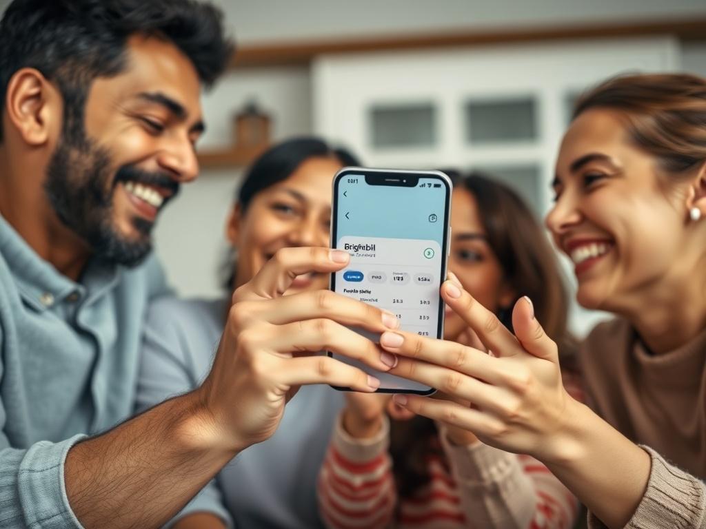 A close-up of a family celebrating together with smiles, holding a smartphone showing their Brightbill account. The background is a simple home setting, highlighting warmth and togetherness, conveying happiness derived from financial support.