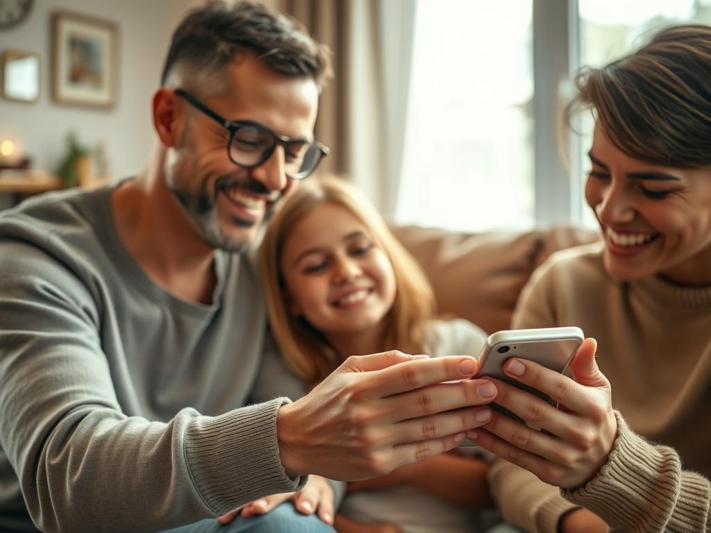 A close-up of a family using a smartphone to make a bill payment. The scene is warm and inviting, showcasing their relief and contentment with the process. The background features a cozy living room setup, emphasizing the family-oriented nature of the platform.