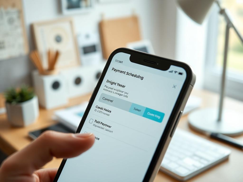 A close-up of a smartphone screen displaying the Brightbill payment scheduling feature. The background is a serene home office setup, emphasizing organization and simplicity, showcasing how easy it is to manage bills.