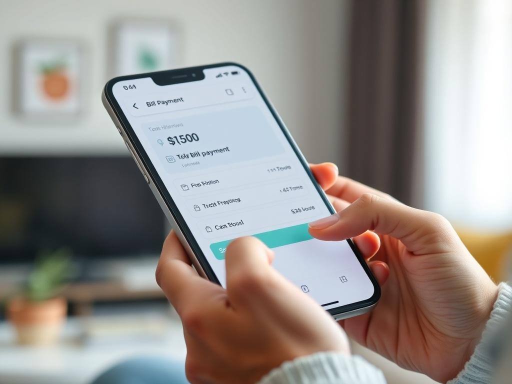 A close-up shot of a person using a smartphone to make a bill payment, showcasing a clear, user-friendly interface. The background should include a soft-focus home environment, conveying a sense of comfort and security. The color scheme should incorporate rgb(50, 170, 39) to reflect the brand's identity.