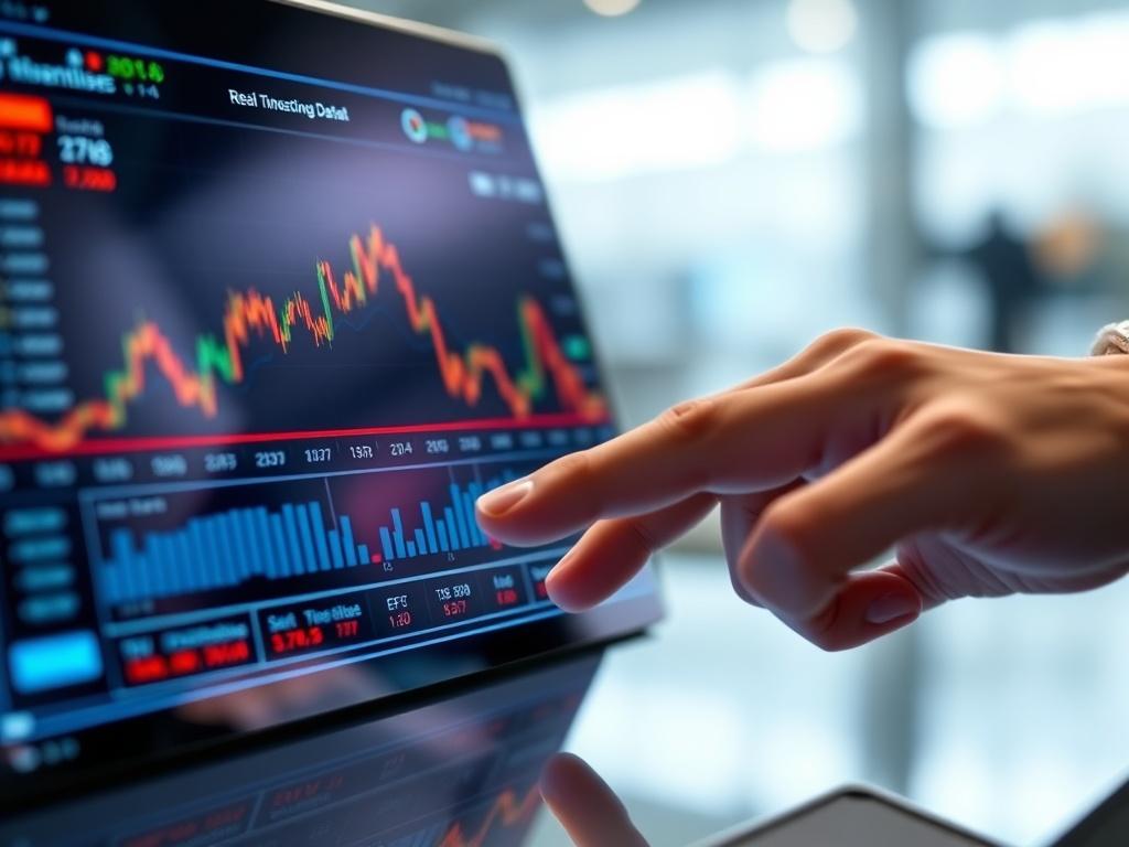 A close-up shot of a digital interface displaying real-time financial data, with a sleek design and a hands-on approach. The background should be minimalistic to keep the focus on the interface, with elements of rgb(50, 170, 39) integrated into the design.