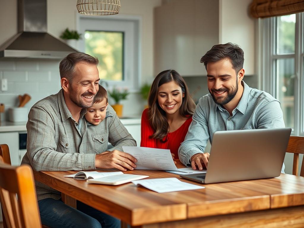 A realistic image of a family sitting at a kitchen table, discussing their monthly bills with a laptop open. The scene should emphasize a sense of collaboration and relief, with a warm, inviting atmosphere. Incorporate the rgb(50, 170, 39) color theme subtly in the decor.