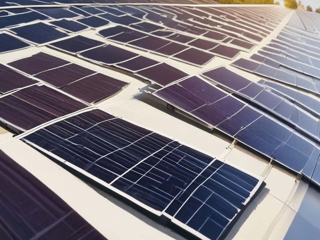 A close-up shot of a high-efficiency solar panel reflecting sunlight. The panel should be the central focus, showcasing its sleek design and advanced technology. The background should be softly blurred to highlight the panel, with natural sunlight illuminating the scene. The colors should be vibrant, capturing the essence of renewable energy. The image should be rendered in hyper-realistic style, shot with a 45mm f/1.2 lens.