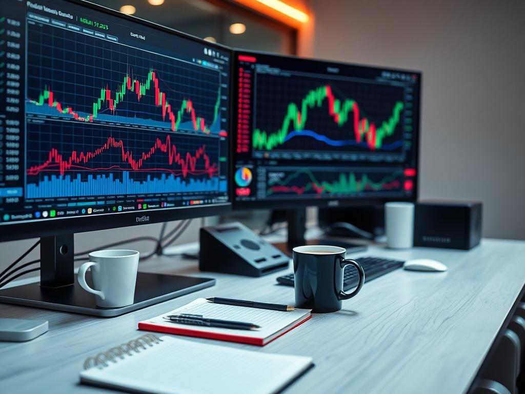 A close up shot of a sophisticated trading setup featuring