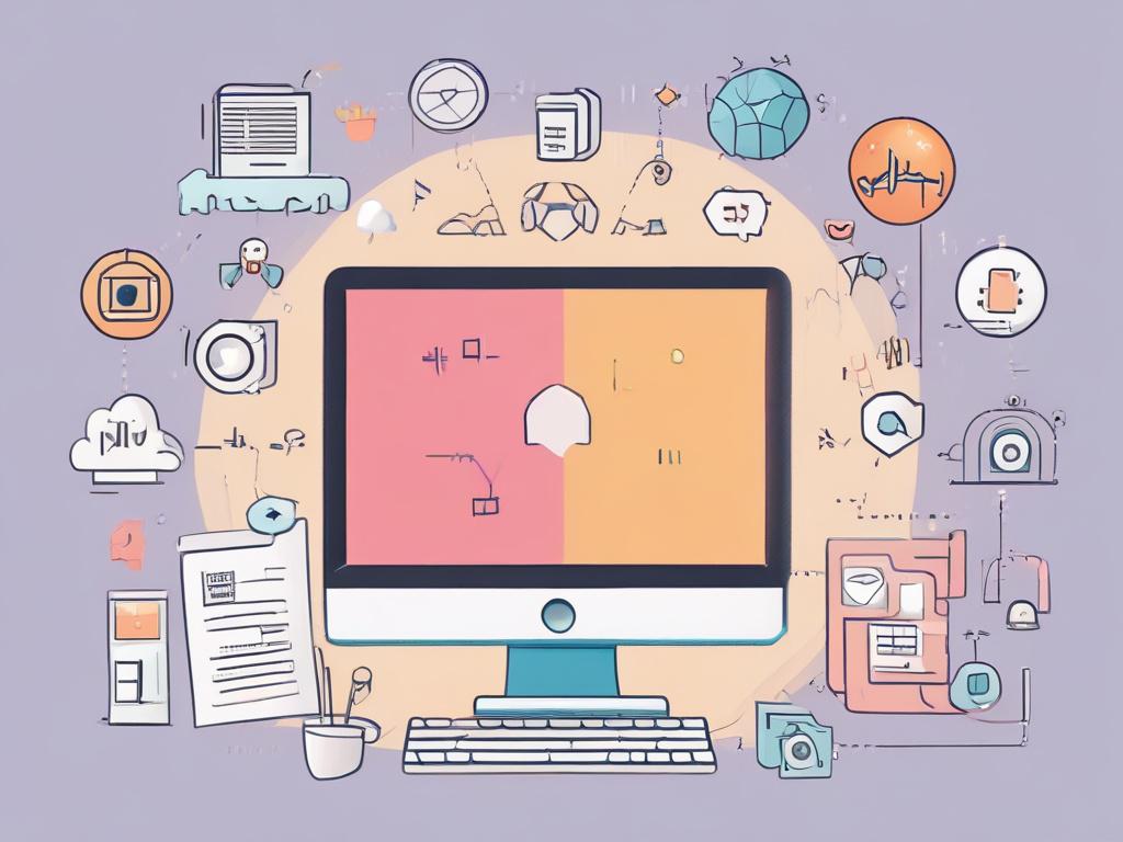 A clean and minimalistic illustration of a digital marketing campaign with AI elements. The subject should be a computer screen displaying analytics and marketing data, surrounded by pastel-colored icons representing email and social media. The background should be a soft, negative space, emphasizing the screen as the focal point.