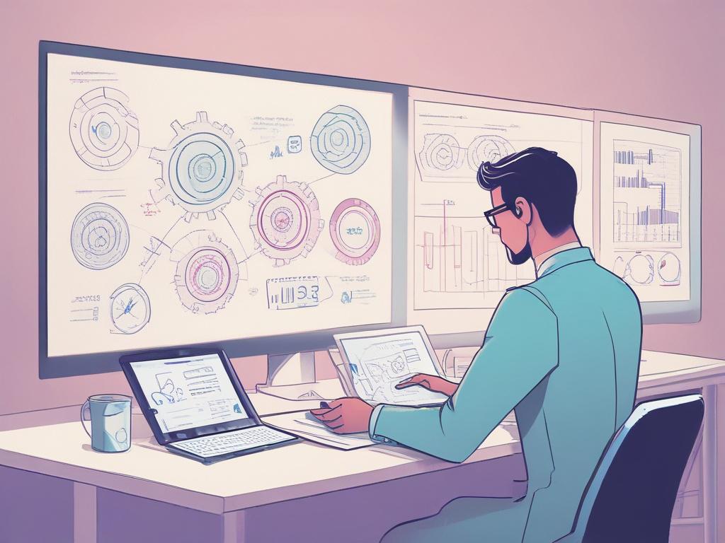 A minimalist illustration of a consultant guiding a team through a technical process. The subject should be a professional pointing at a digital interface displaying technical data, with pastel-colored gears and icons in the background. The setting should be bright and spacious, with a focus on collaboration.