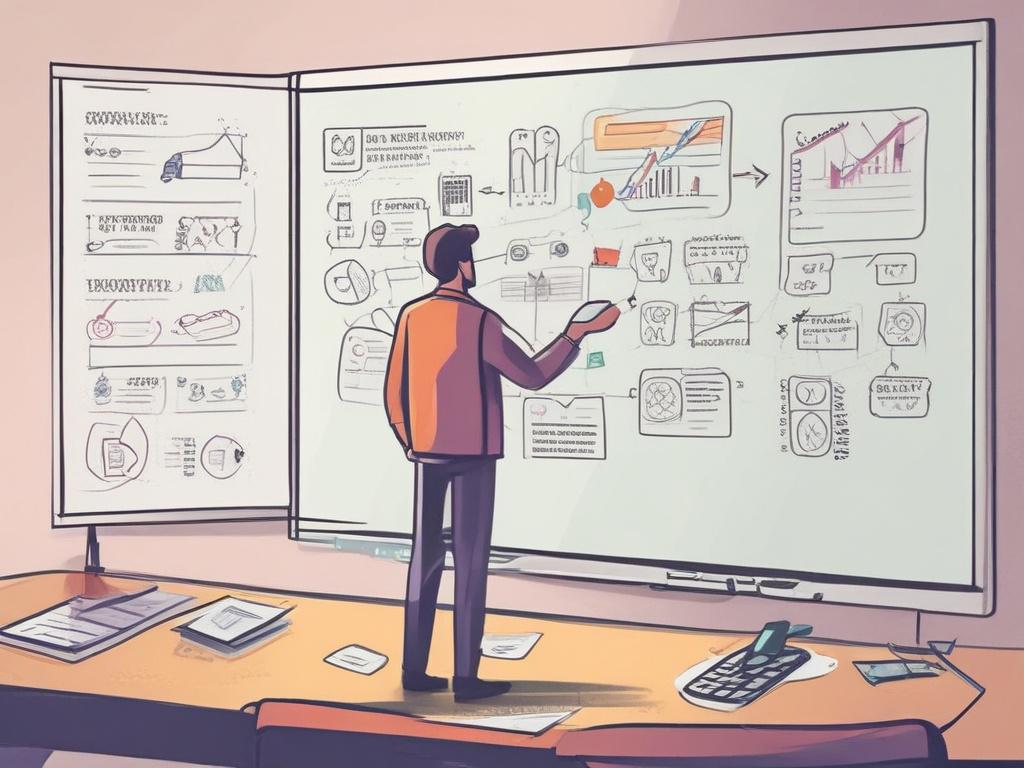 A simple and clear illustration of a business strategist mapping out a plan on a whiteboard. The subject should be a professional drawing a flowchart, with pastel-colored arrows and icons representing growth and strategy in the background. The atmosphere should be focused and inspiring.