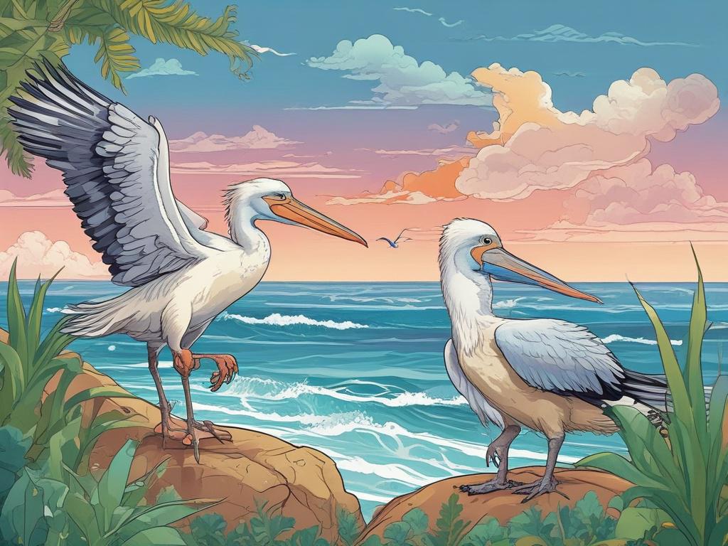 A vibrant comic style illustration depicting two wildlife rescuers, known as the Twinnies, joyfully interacting with a pelican they rescued. The background showcases a beautiful Australian coastline, with soft waves and lush greenery, evoking a sense of hope and conservation. The Twinnies are depicted in colorful outfits, radiating warmth and passion for wildlife, while the pelican looks healthy and happy in their care.