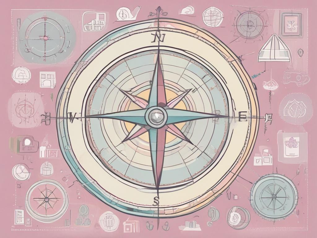 A minimalistic illustration depicting a compass with various business icons surrounding it, representing strategic direction. The background should be soft and pastel-colored, emphasizing clarity and focus on the subject of business strategy.