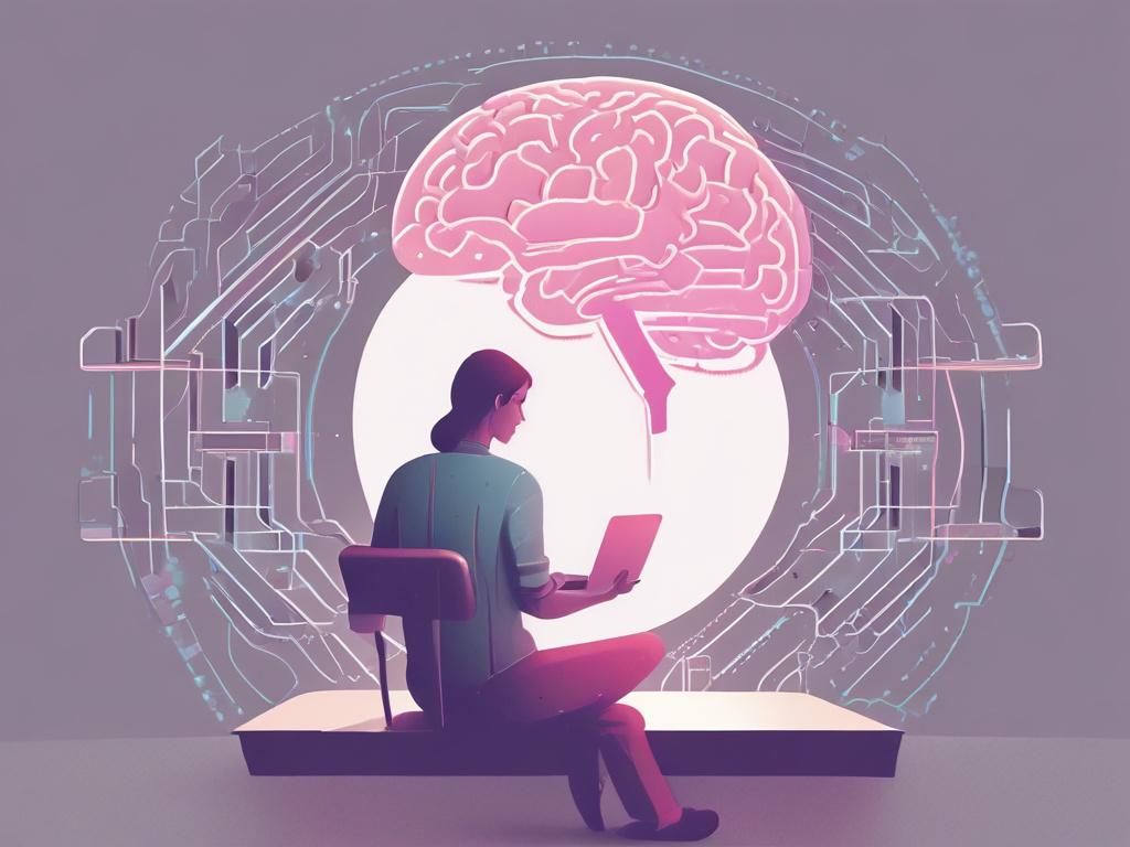 A minimalistic illustration of a person using a laptop with a glowing AI brain above them, symbolizing AI-driven marketing. The background should be a clean, pastel color with negative space, emphasizing the subject and the seamless interaction between technology and marketing.