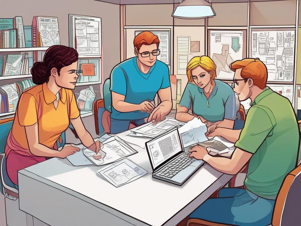 A colorful comic-style illustration showing a social enterprise team brainstorming over marketing strategies in a bright, inviting workspace. The scene emphasizes teamwork and creativity, with inspirational posters in the background reflecting their mission.