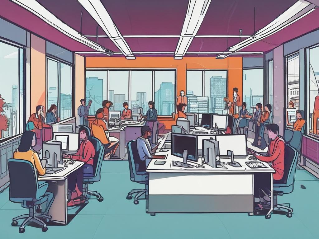A vibrant comic-style illustration of a tech start-up office bustling with activity, showcasing a diverse team of professionals engaged in dynamic discussions. The background features modern tech elements and a futuristic vibe, symbolizing growth and innovation.