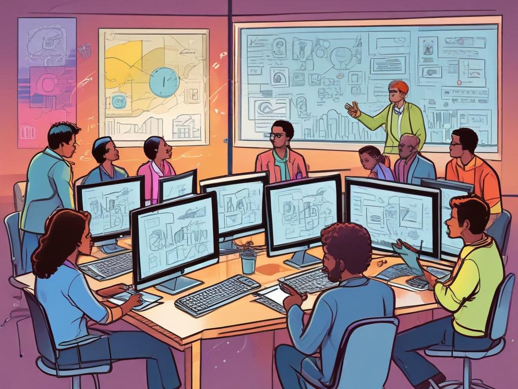 A dynamic, vividly colored comic-style illustration of a diverse group of professionals brainstorming over AI technology in a vibrant non-profit office setting. The background features colorful charts and AI-related imagery, emphasizing collaboration and innovation.