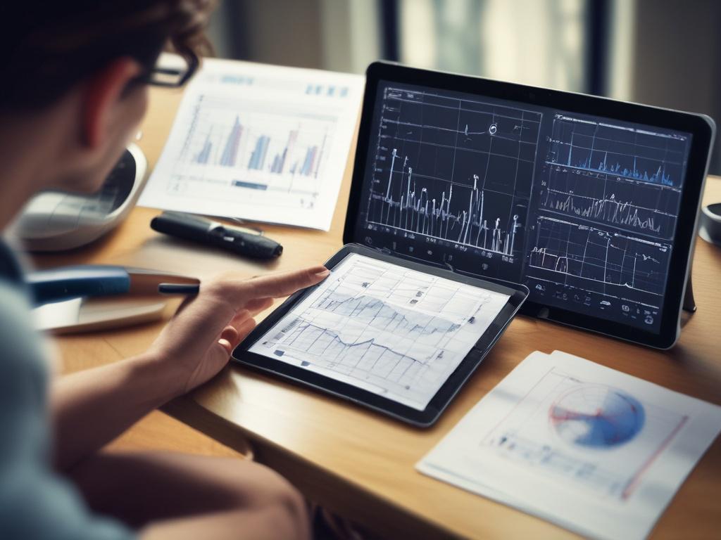 A close-up shot of a person analyzing data on a tablet, with graphs and charts vividly displayed. The setting should exude a professional ambiance, with a blurred background of an office space. The lighting should be warm and inviting, emphasizing the tablet’s screen. The overall aesthetic should match the rgb(2, 86, 197) color theme, captured with a 45mm f/1.2 lens.