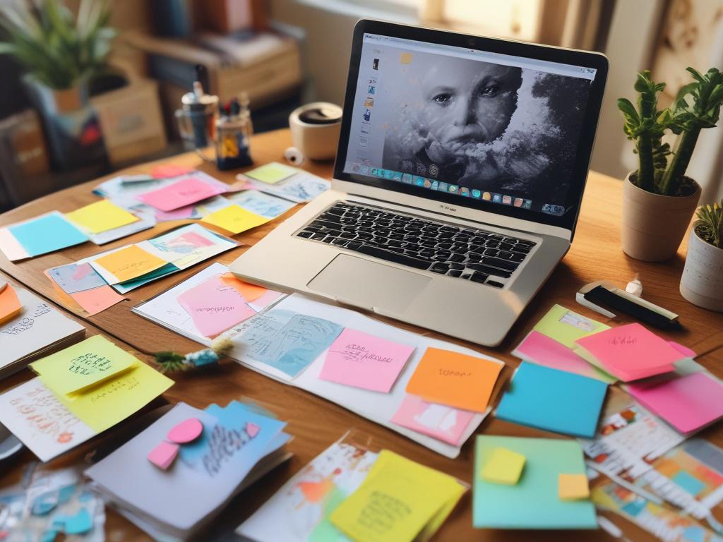 A close-up shot of a creative workspace featuring a mood board covered in colorful sticky notes and sketches for marketing campaigns. The background should be softly blurred, creating an inspiring atmosphere. The lighting should highlight the mood board, bringing out vibrant colors while adhering to the rgb(2, 86, 197) theme. Captured with a 45mm f/1.2 lens.