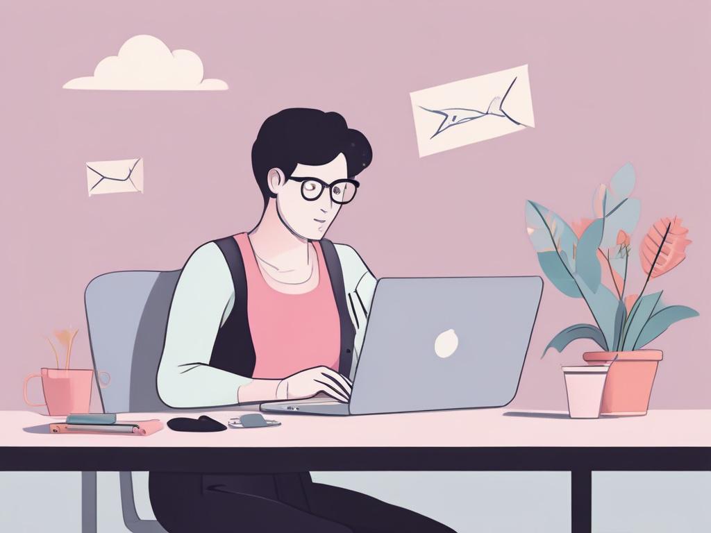 A high-quality illustration of a digital marketer setting up an automated email campaign on a laptop. The composition should be minimalistic, featuring only the marketer as the subject. The background should be composed of soft pastel colors, emphasizing focus and efficiency.