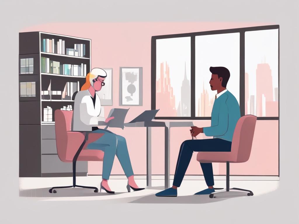 A high-quality illustration of a business consultant discussing strategies with a client in a modern office. The setting should be minimalistic, with only the two professionals as the central subjects. The background should feature soft pastel colors, conveying a sense of professionalism and clarity.
