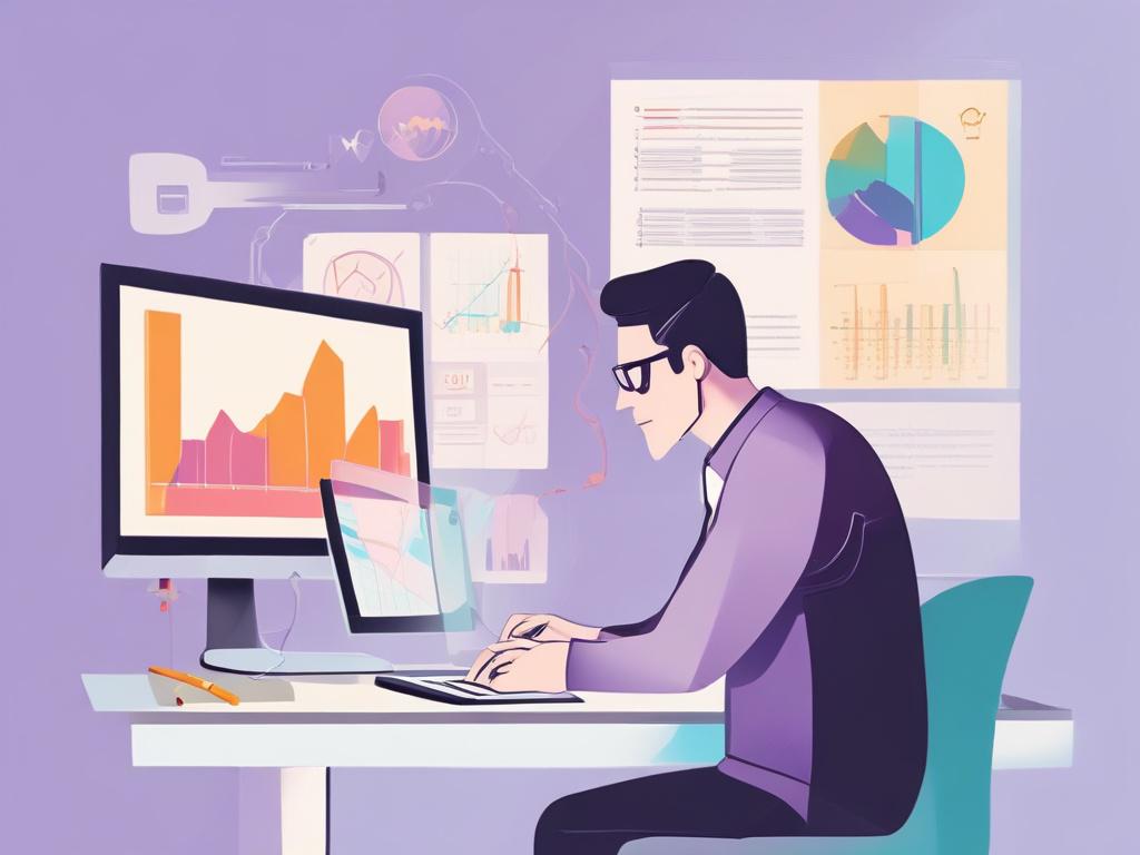 A high-quality illustration of a marketer analyzing data on a computer screen, surrounded by abstract graphs and charts. The composition should be minimalistic, with only the marketer as the central subject. The background should be a soft pastel color, emphasizing clarity and focus.