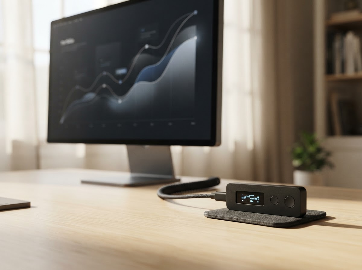 A generic hardware wallet beside a desktop monitor displaying an abstract portfolio chart