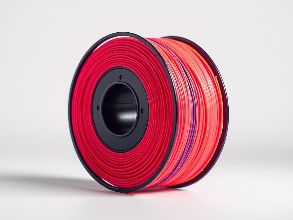 A realistic high-resolution photo of a vibrant spool of 3D printing filament, showcasing its smooth texture and bright color against a clean, minimalistic background. The filament should be prominently displayed with soft shadows to enhance its details.