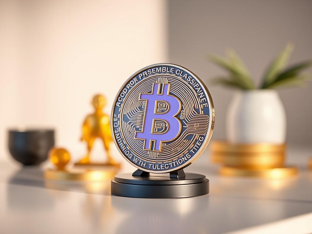 A realistic high-resolution photo of a 3D printed collectible figurine related to cryptocurrency, displayed on a clean surface. The collectible should feature intricate details and vibrant colors, with a soft focus background to highlight the item.