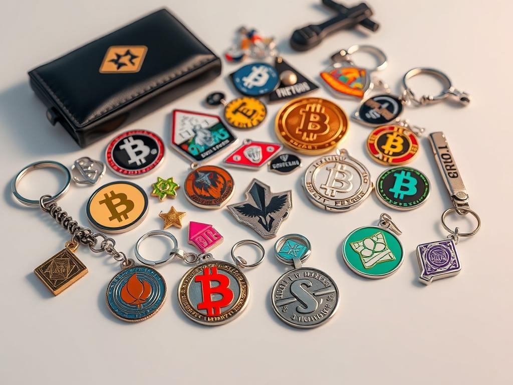A high-resolution photo featuring a collection of crypto-themed accessories, including keychains, stickers, and pins, arranged on a clean surface. The items should be colorful and visually appealing, with a focus on detail and quality.