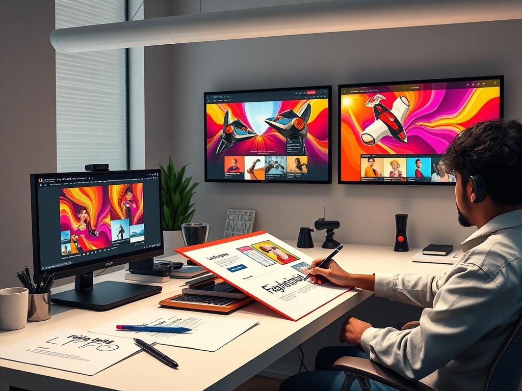An artistic workspace with designers sketching bold and animated website layouts, showcasing vibrant colors and unique designs on digital screens, modern aesthetic, minimalistic.