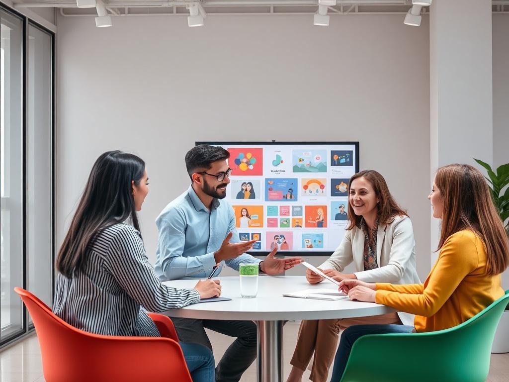 A vibrant and engaging consultation scene, featuring a diverse group of people discussing animated visuals and layouts for a website in a modern office setting, colorful mood, clean lines, minimalistic design.