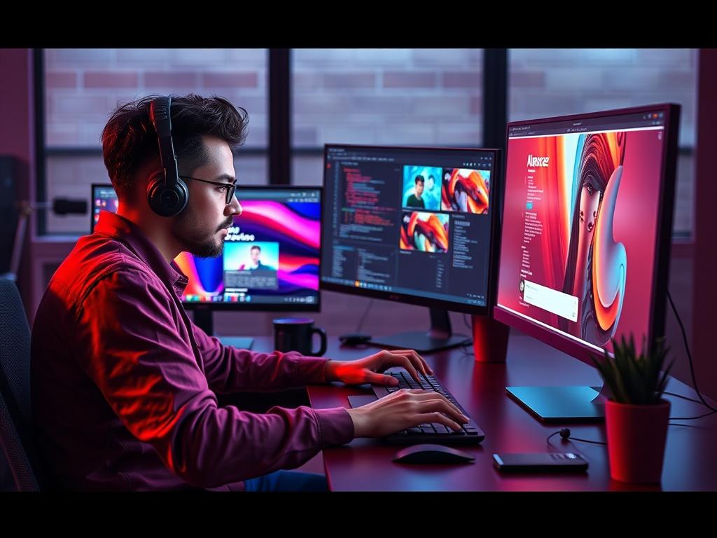 A focused developer coding a website with vibrant designs on multiple screens, showcasing a dynamic and modern workflow, bright colors, minimalistic workspace.