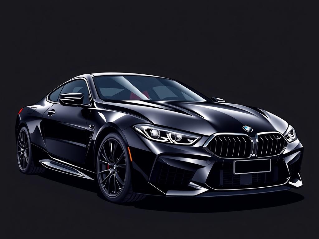 A sleek black BMW M8 Competition, showcasing a stunning ceramic coating that highlights its glossy finish. The car is parked in a dramatic, dark backdrop that enhances the vehicle's contours and reflects the light, emphasizing the smoothness and shine of the ceramic coating. The image should capture the luxury and high-performance essence of the BMW brand, making the coating look vibrant and protective.