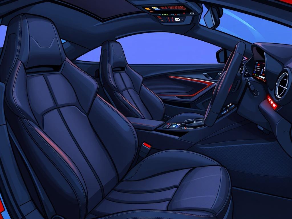 A highly detailed illustration of a luxury sports car interior, showcasing dark leather seats, a sleek dashboard with high-tech features, and ambient lighting. The focus should be on the seats and dashboard, emphasizing elegance and sophistication. The background should be minimal, highlighting the luxurious interior of the car.