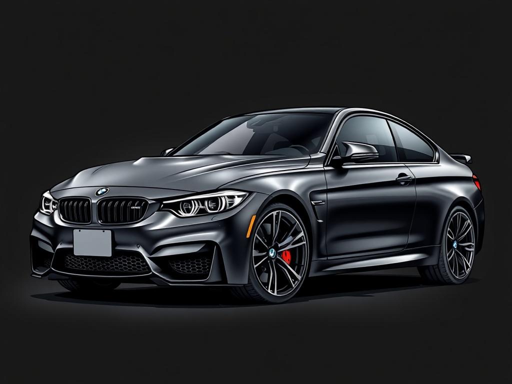 A sleek BMW M3 Competition wrapped in satin black, showcasing its sporty features and aggressive stance. The car is positioned prominently against a dark, moody background that highlights the wrap's glossy finish. The focus is on the vehicle's details, capturing the elegance and performance aspect of the car, with attention to reflections and textures in the satin black wrap.