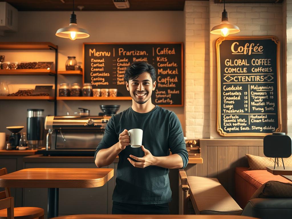 A cozy café interior showcasing a single barista preparing a