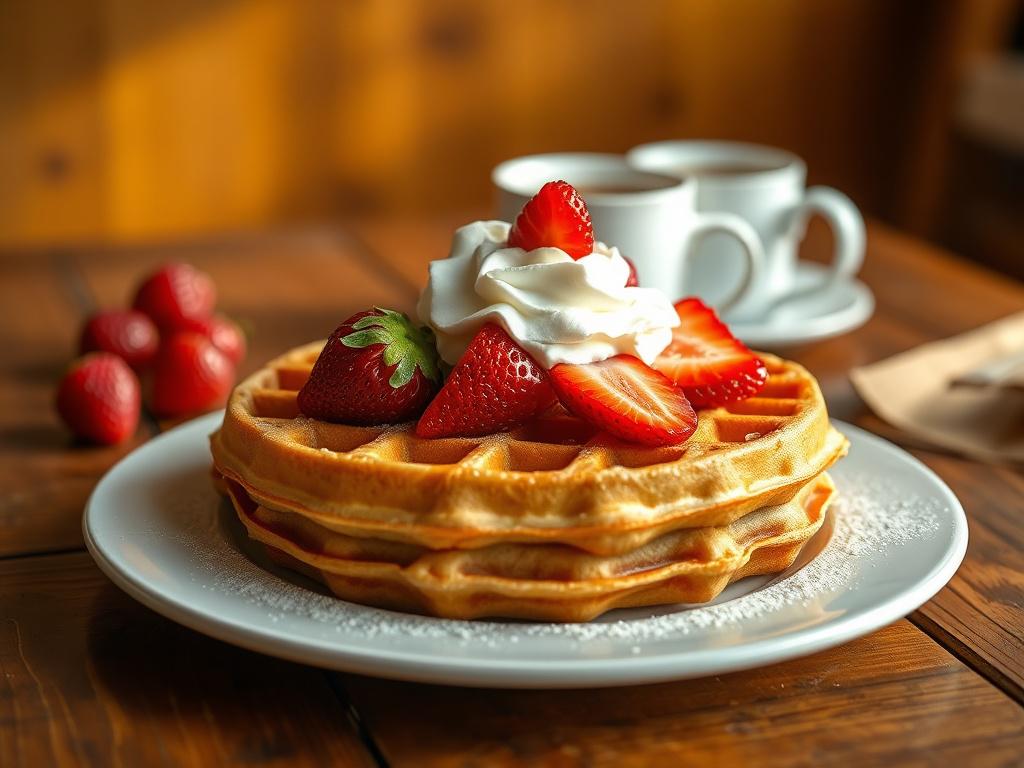 A beautifully plated waffle topped with fresh strawberries and whipped