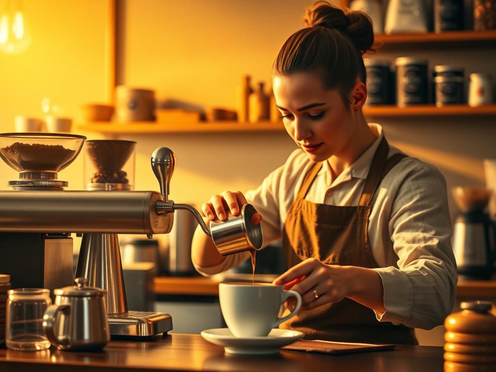 A cozy coffee shop setting with a barista pouring coffee