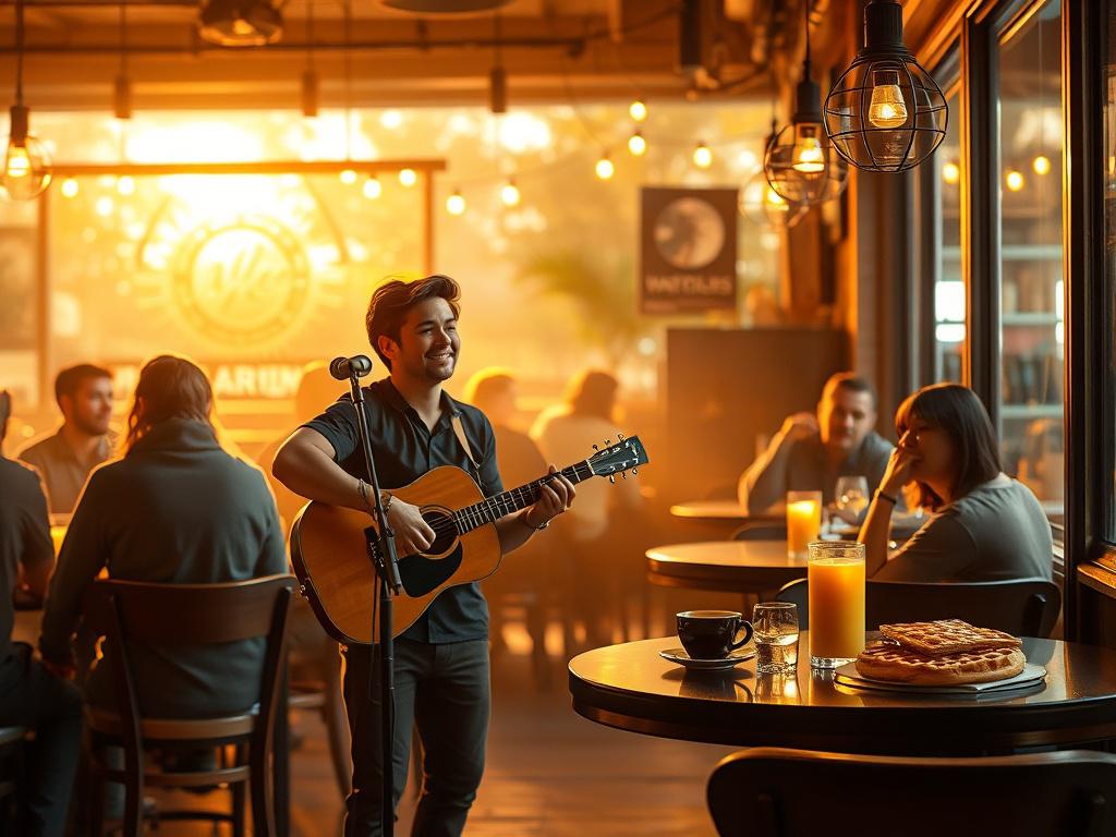 A cozy coffee shop scene featuring a singer with a