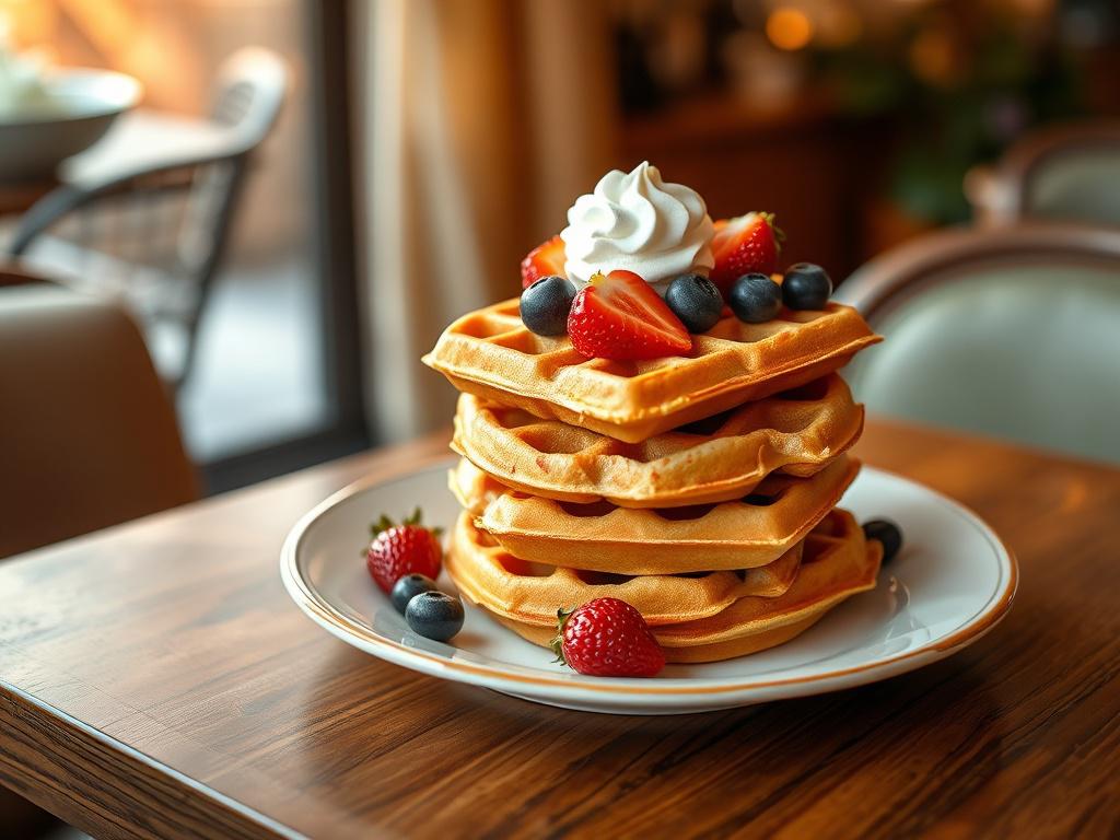 A golden brown waffle stacked on a plate, topped with