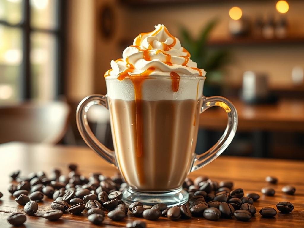 A beautifully presented caramel latte in a stylish glass cup,
