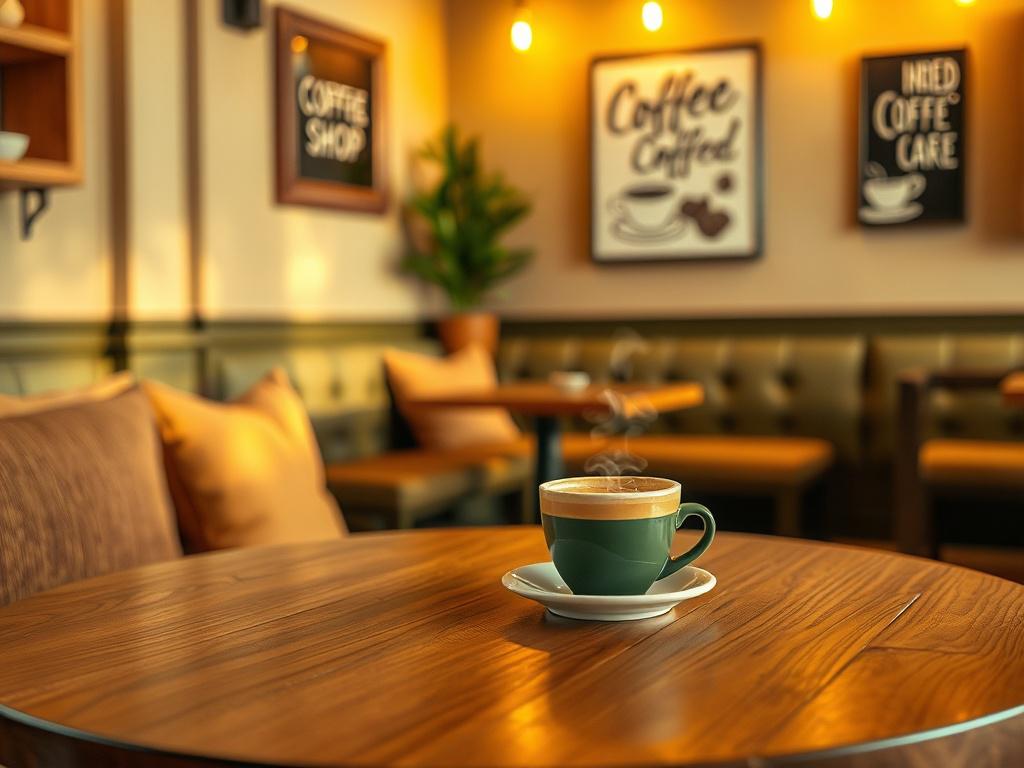 A cozy coffee shop interior featuring a single, inviting wooden table with a steaming cup of specialty coffee placed on it. Soft golden lighting creates a warm atmosphere, with plush seating in the background and a wall adorned with coffee-related art. The overall ambiance is serene and welcoming, encapsulating the essence of a neighborhood café. The primary color is a rich green, harmonizing with the cozy hues of the setting.