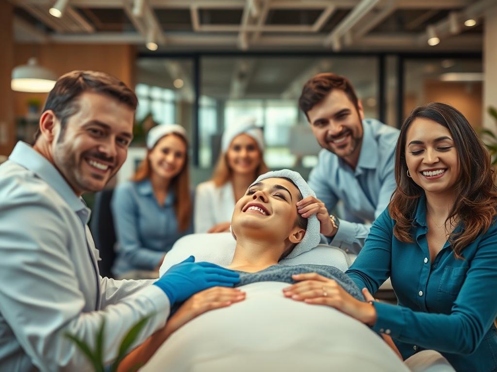 An office environment where employees are enjoying spa treatments, such as massages and facials, with a joyful atmosphere and smiling faces, showcasing productivity and happiness.