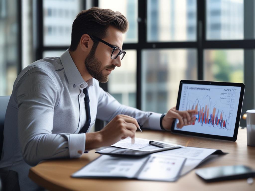 A close up shot of a confident investor reviewing financial