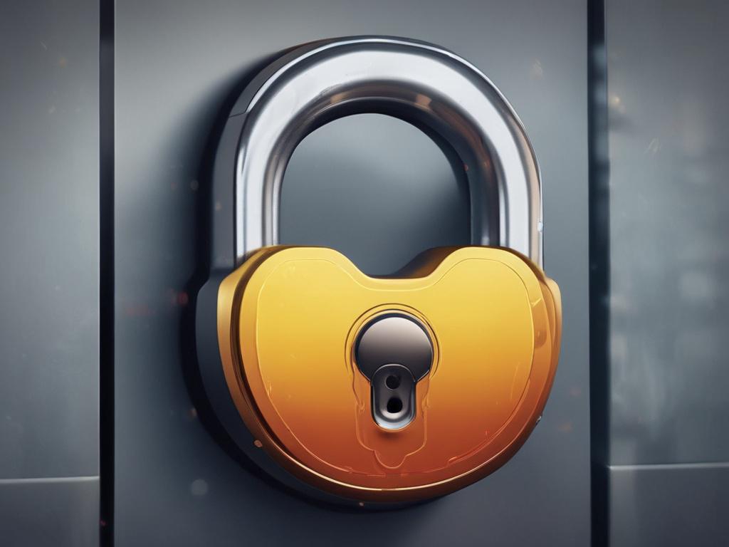 A close-up shot of a secure digital lock symbolizing data security, hyper-realistic and vibrant colors, with a blurred tech background, shot with a 45mm f/1.2 lens style.