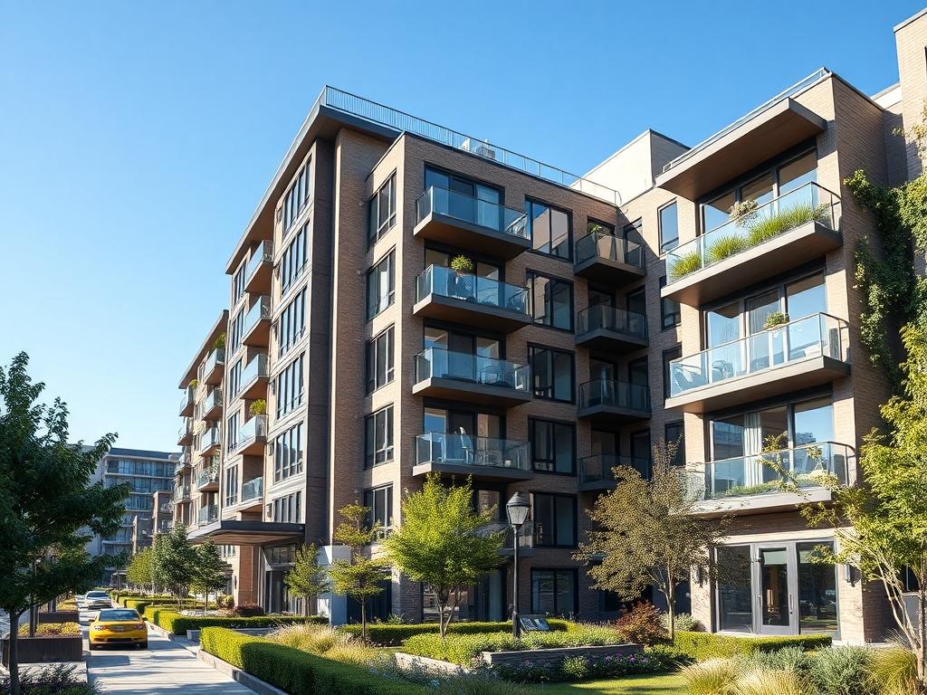 A modern apartment complex showcasing a mix of contemporary architecture and green spaces. The image should focus on the building's exterior with large windows, balconies, and landscaped gardens. The background should be a clear blue sky, emphasizing the bright and welcoming atmosphere of the complex. The composition should be clean and inviting, capturing the essence of urban living.